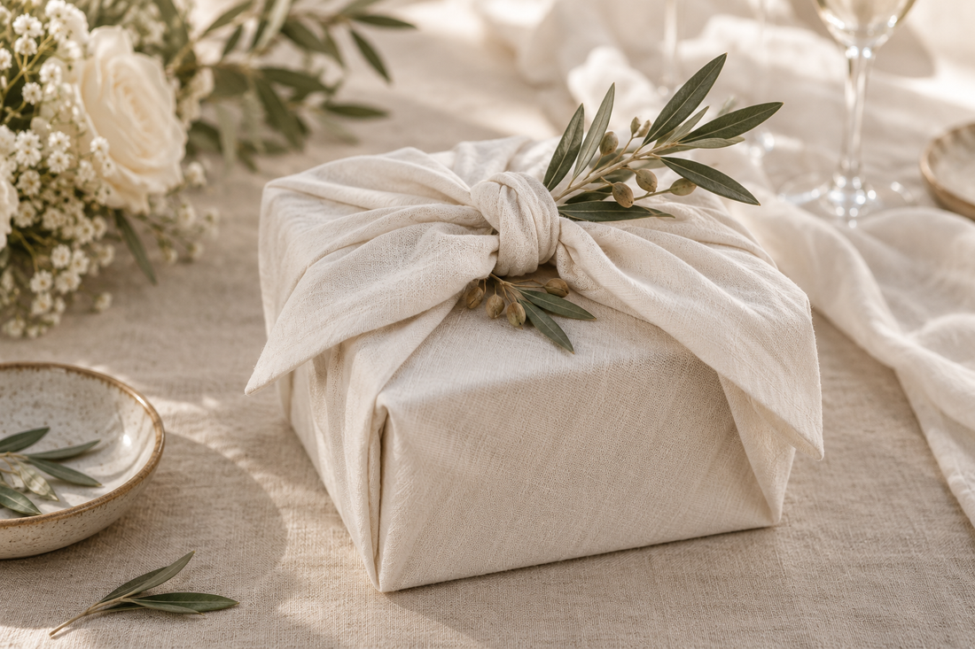 Hochzeitsgeschenk in cremefarbenem Furoshiki mit Olivenzweig