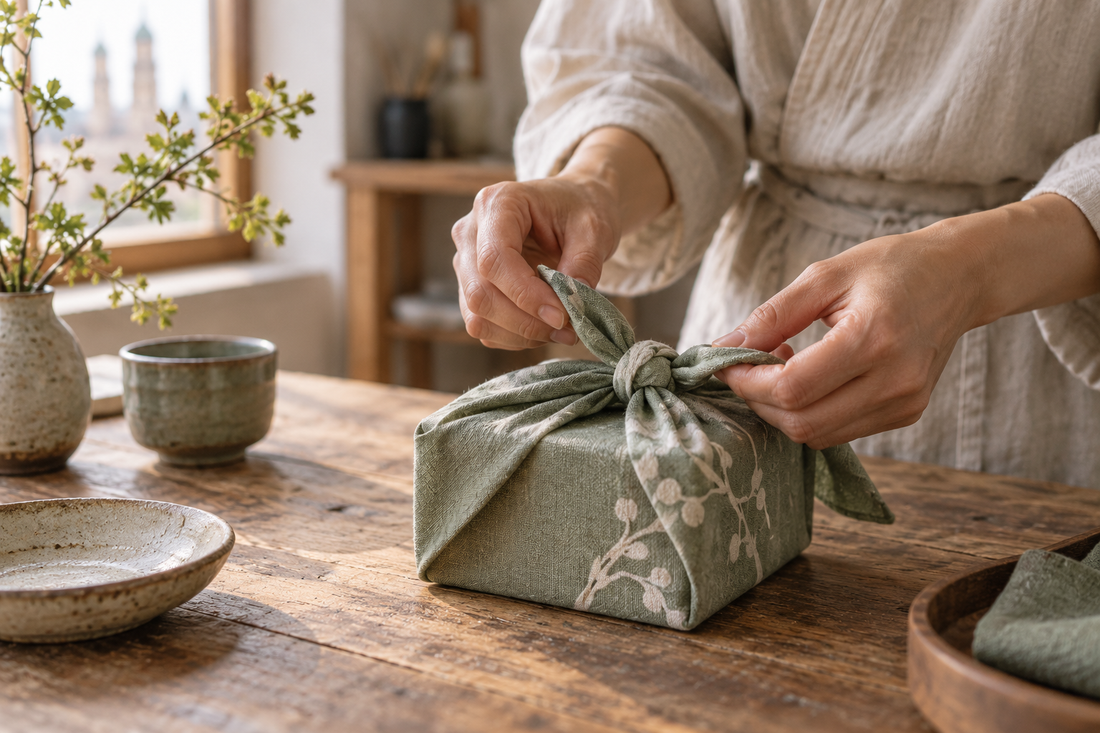Hände knoten ein Furoshiki-Tuch um ein Geschenk