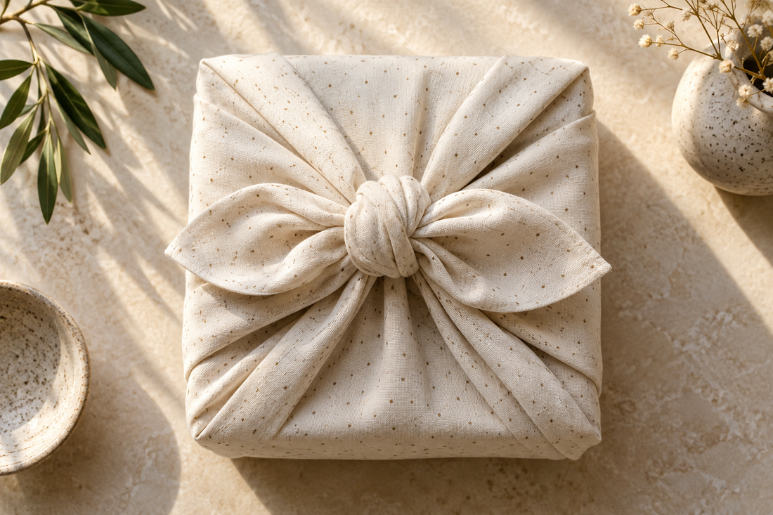 Geschenk mit hellem gepunktetem Furoshiki-Tuch kunstvoll geknotet