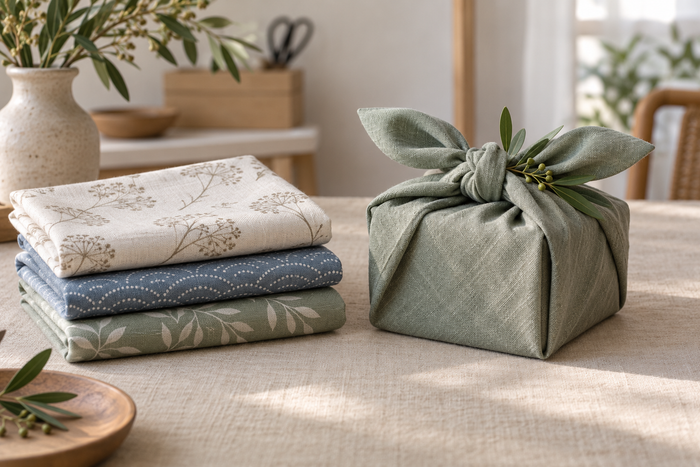Mehrere Furoshiki-Tücher und ein verpacktes Geschenk als Größenbeispiele