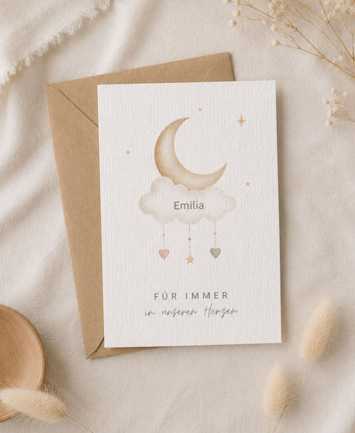 Personalisierte Sternenkind-Karte mit Mond-Aquarell für trauernde Eltern