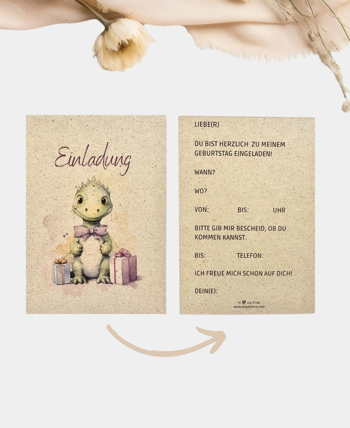 Dino Einladung Kindergeburtstag Set – A6 Einladungskarten aus Graspapier | nachhaltig & verspielt