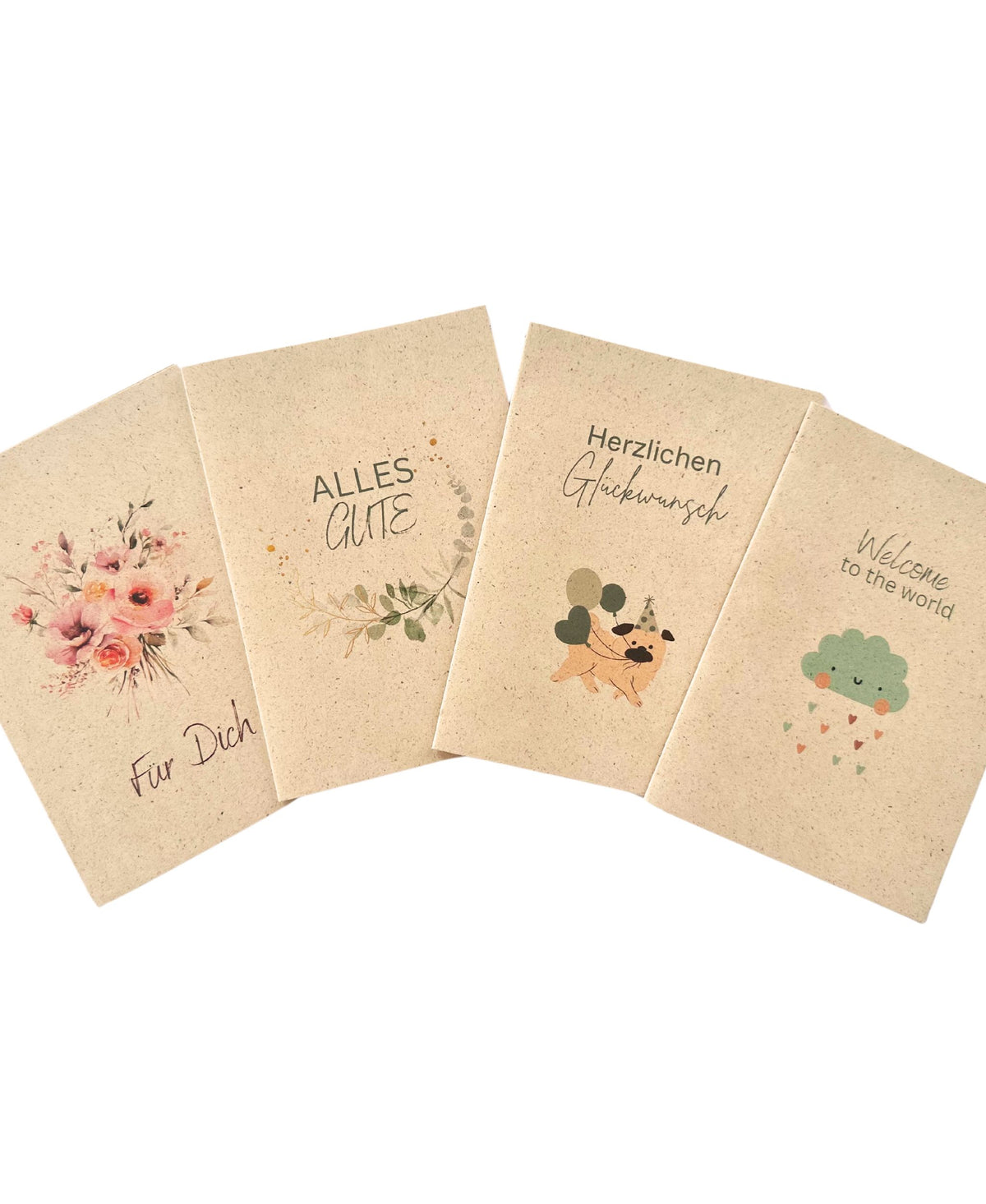 4er-Set Klappkarten aus Graspapier mit Aquarell-Motiven