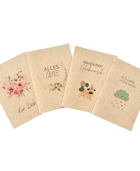 4er-Set Klappkarten aus Graspapier mit Aquarell-Motiven