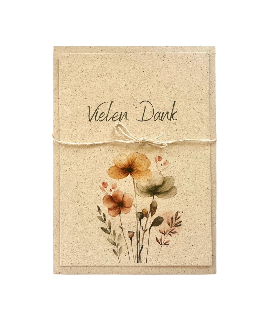 Dankeskarte „Vielen Dank“ aus Graspapier mit Aquarellblumen