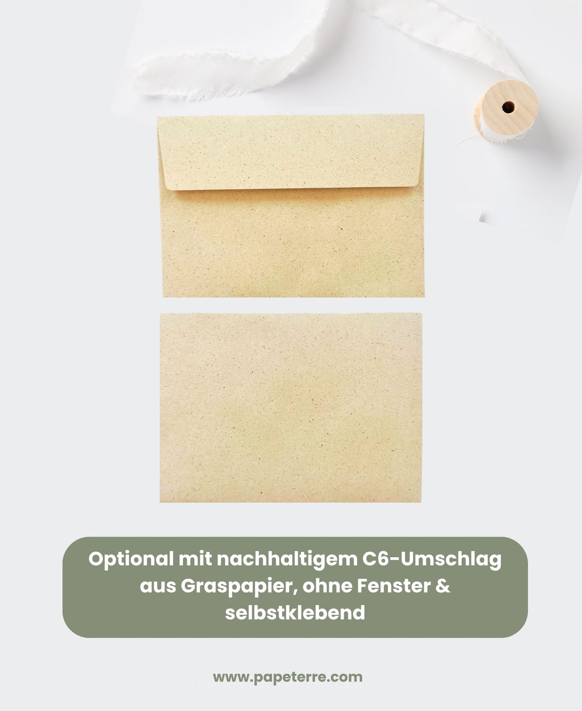 Umschlag aus Graspapier im C6-Format, passend zu A6-Karten von Papeterre