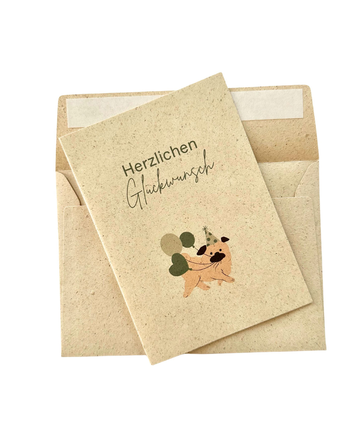 Geburtstagskarte „Herzlichen Glückwunsch“ mit Mops-Motiv aus Graspapier
