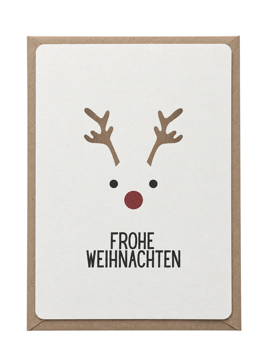 Rentier Weihnachtskarte mit Kraftpapierumschlag auf reinweißem Hintergrund