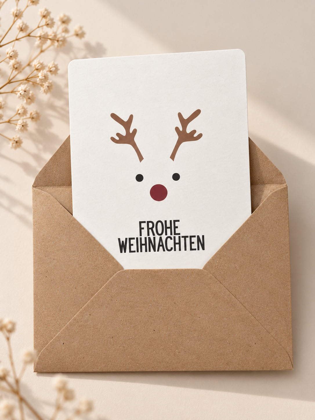 Weihnachtskarte Rentier im Kraftpapierumschlag auf beigem Hintergrund – Papeterre Moodbild