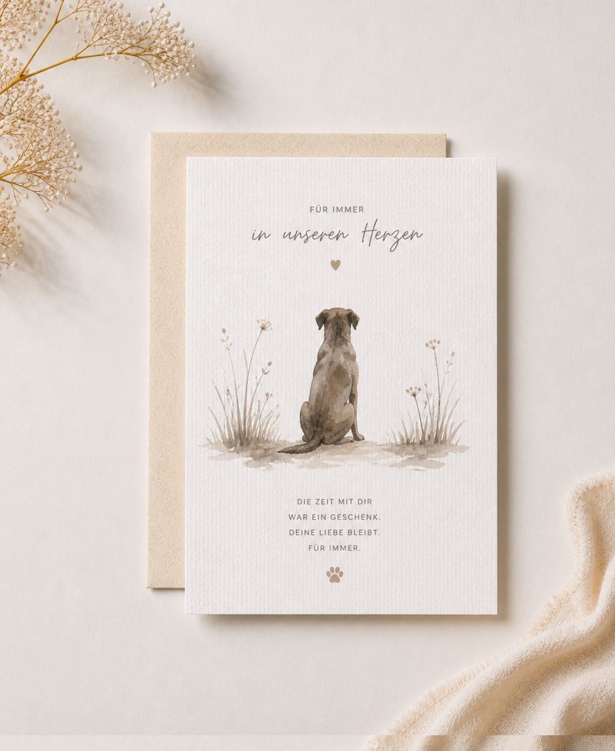 Trauerkarte Hund zum Hundeverlust auf hochwertigem Aquarellpapier mit Graspapier-Umschlag