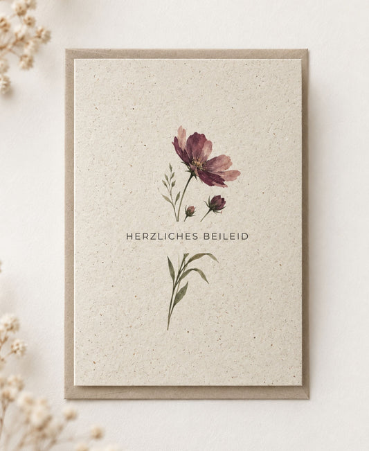 Trauerkarte „Herzliches Beileid“ – Graspapier mit Blumen