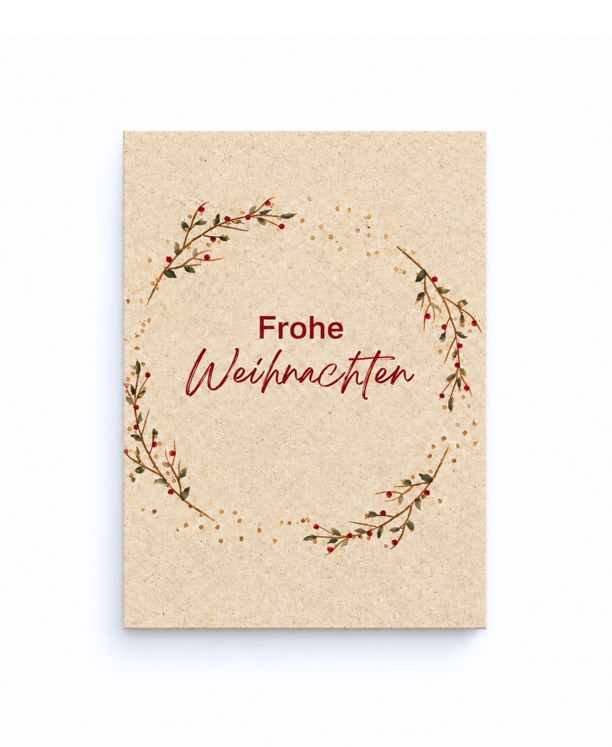 Weihnachtskarte aus Graspapier mit Schriftzug Fröhliche Weihnachten und Aquarell-Motiv