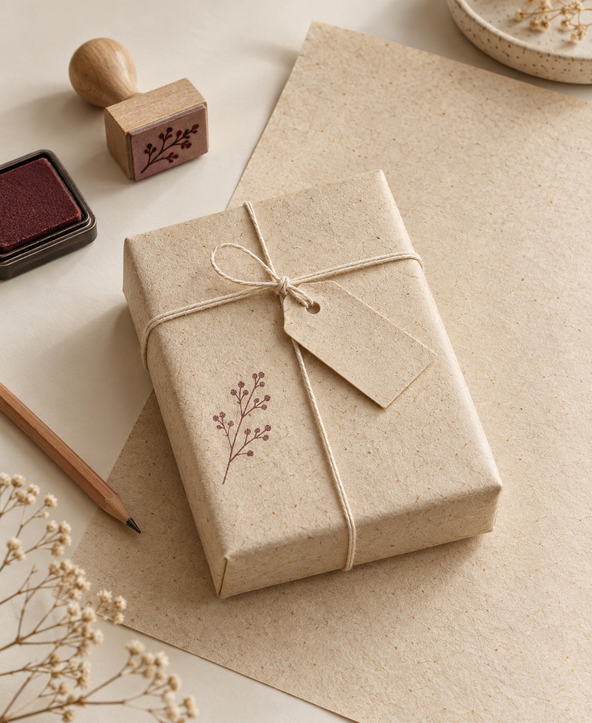 DIY-Beispiel: kleines Geschenk mit blankem A3-Graspapier verpackt und mit Stempel selbst gestaltet; Dekoration nicht enthalten