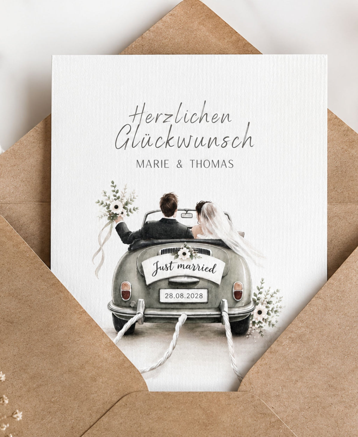 Geldgeschenk Hochzeitskarte mit Auto und Schnüren, optional mit Kraftpapier Umschlag
