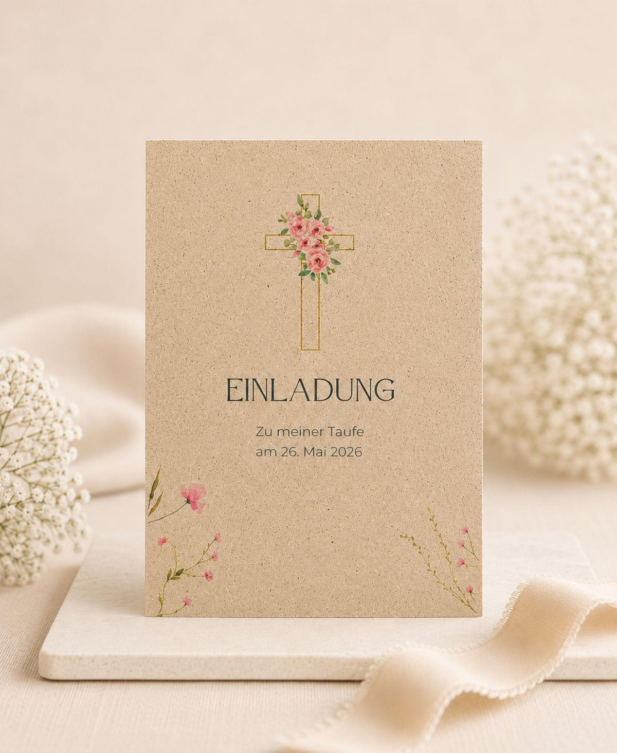 Taufe Einladungskarte aus Graspapier mit Kreuz und Wildblumen