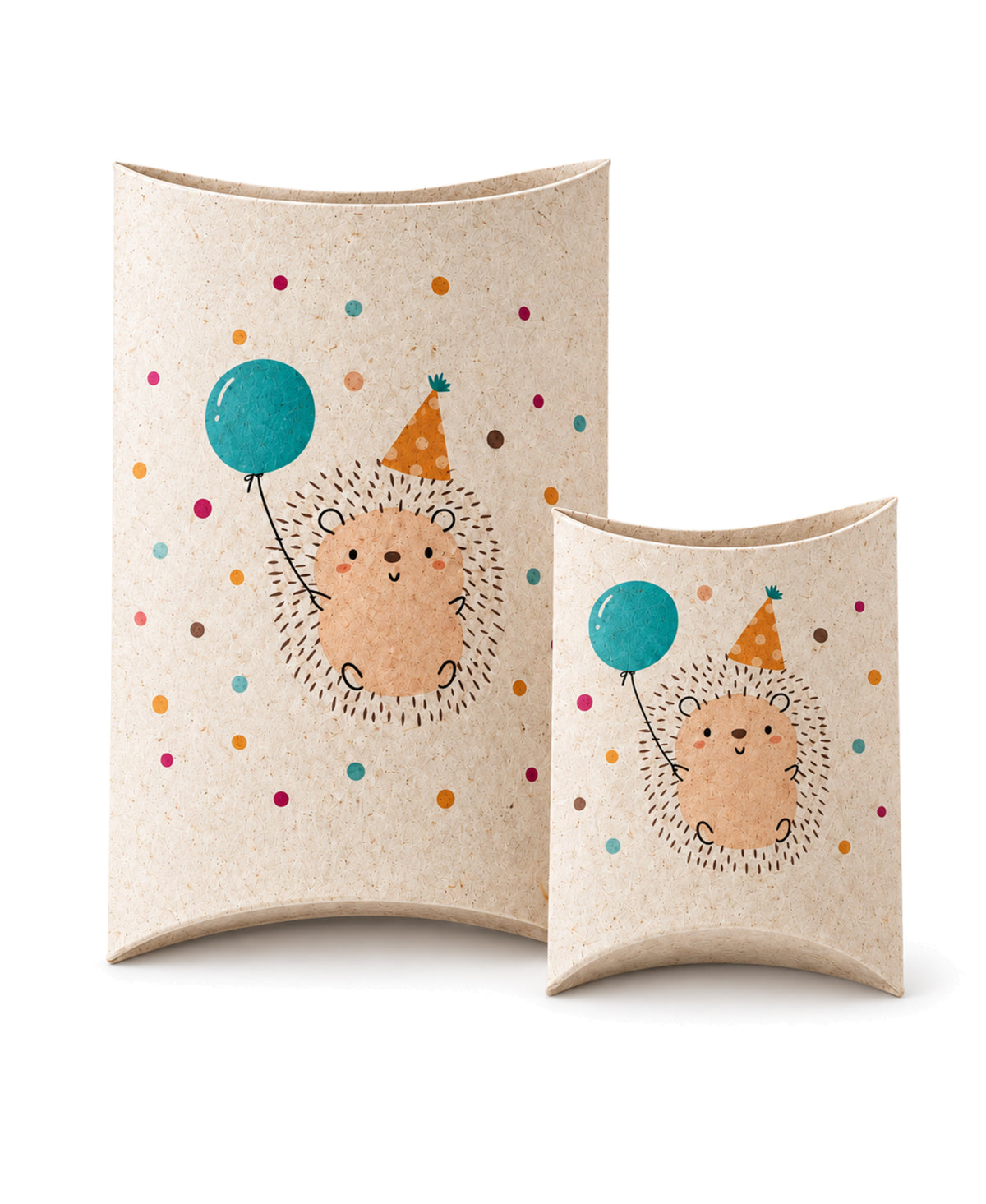 2er-Set Pillowboxen aus Graspapier mit Igel zur Einschulung – freigestelltes Produktbild